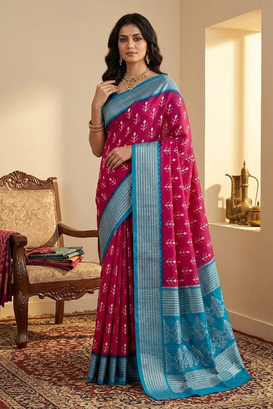 Dola Silk Saree with Contrast Zari Border & Pallu