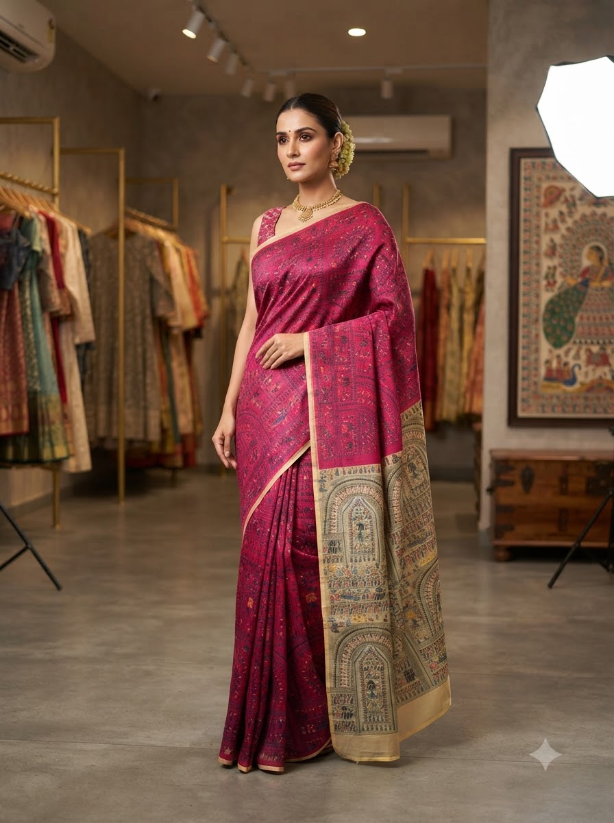 Traditional Printed Cotton Saree with Artistic Motif Design