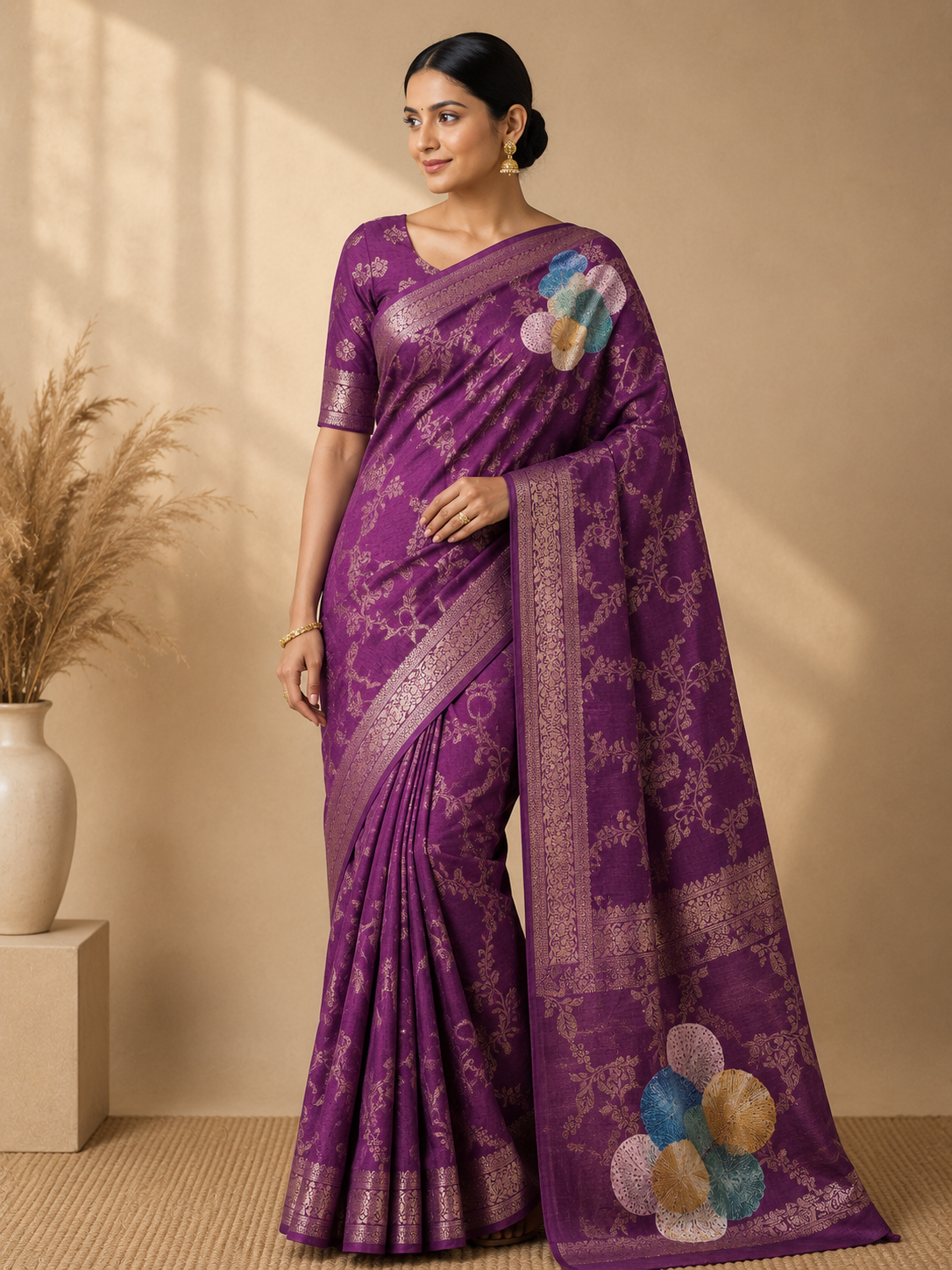 Banarasi Silk Blend Saree with Woven Zari Border & Floral Pallu