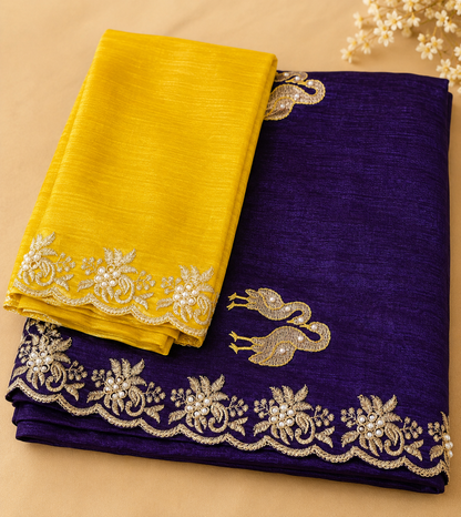 Pearl Work Bird Motifs Saree with Yellow Blouse Floral Border