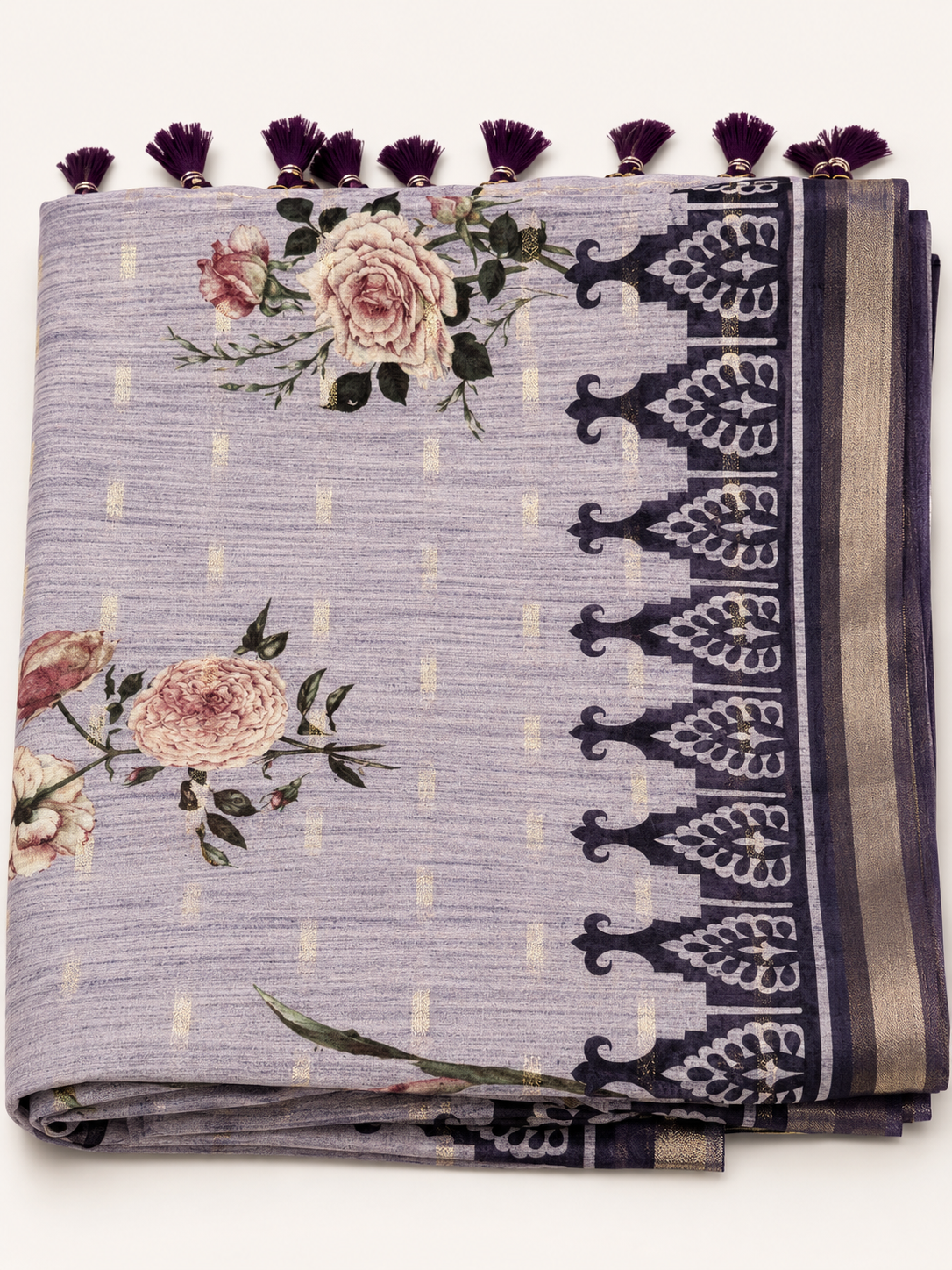 Premium Floral Linen Blend Saree with Designer Border & Tassels
