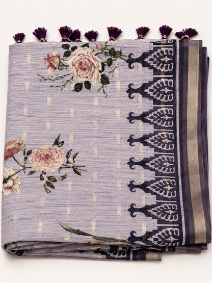 Premium Floral Linen Blend Saree with Designer Border & Tassels