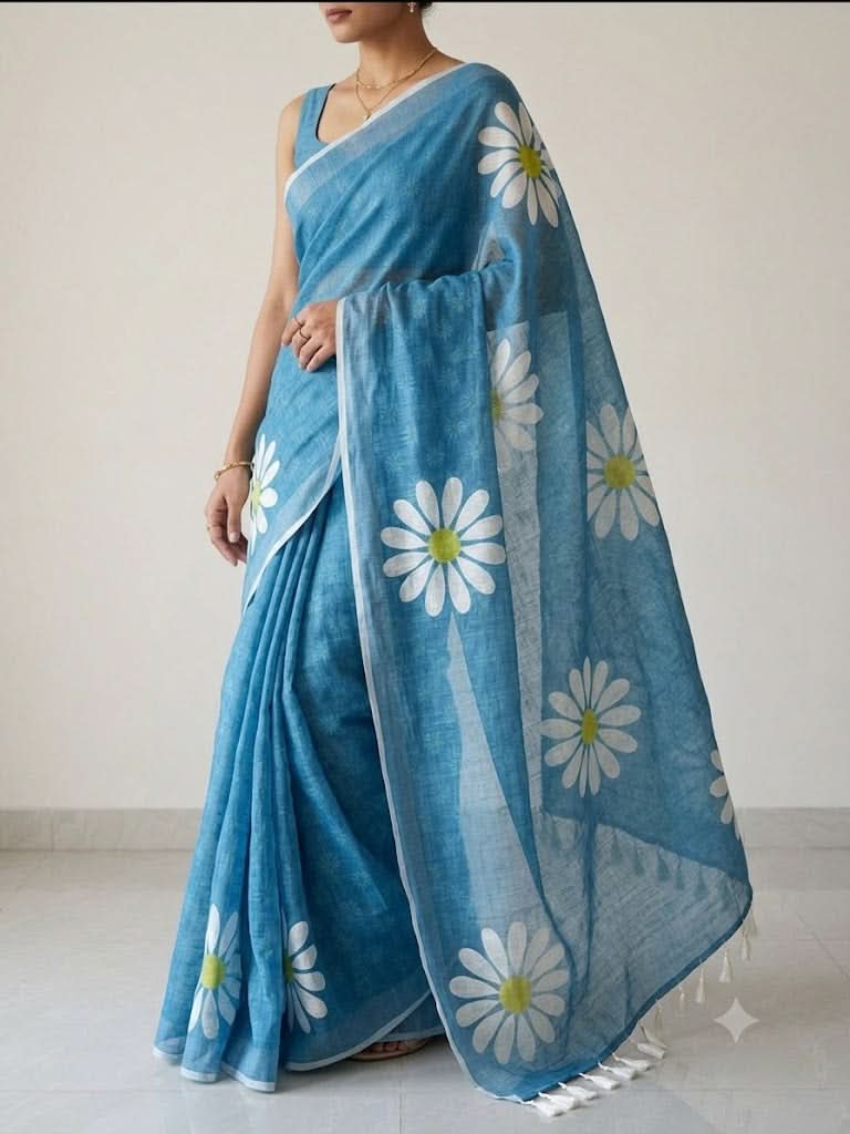 Floral Print Linen Cotton Designer Saree