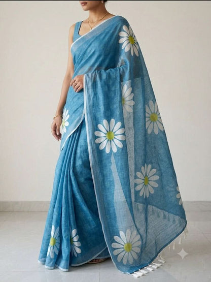 Floral Print Linen Cotton Designer Saree