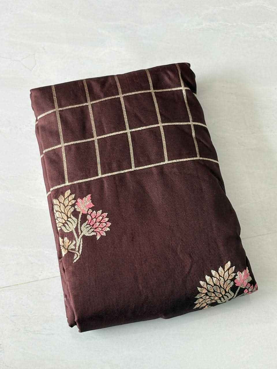 Buy Cotton Sarees Online: Elegant Coffee Brown Jamdani Silk Cotton Saree with Golden Zari Checks - Saree Fusion