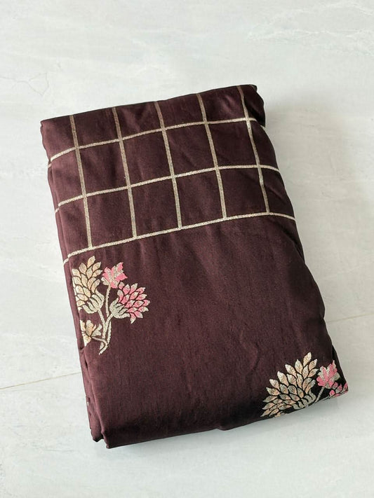 Elegant Coffee Brown Jamdani Silk Cotton Saree with Golden Zari Checks