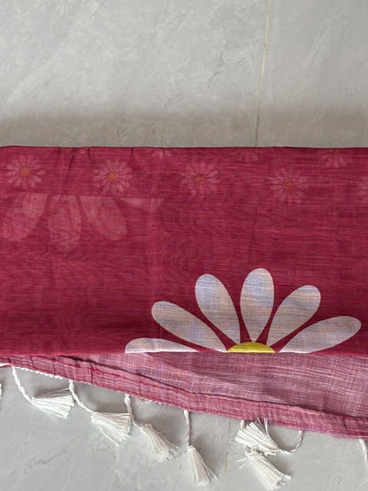 Floral Print Linen Cotton Designer Saree
