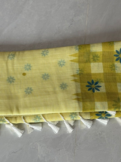 Floral Print Linen Cotton Designer Saree
