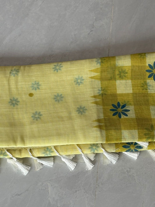 Floral Print Linen Cotton Designer Saree