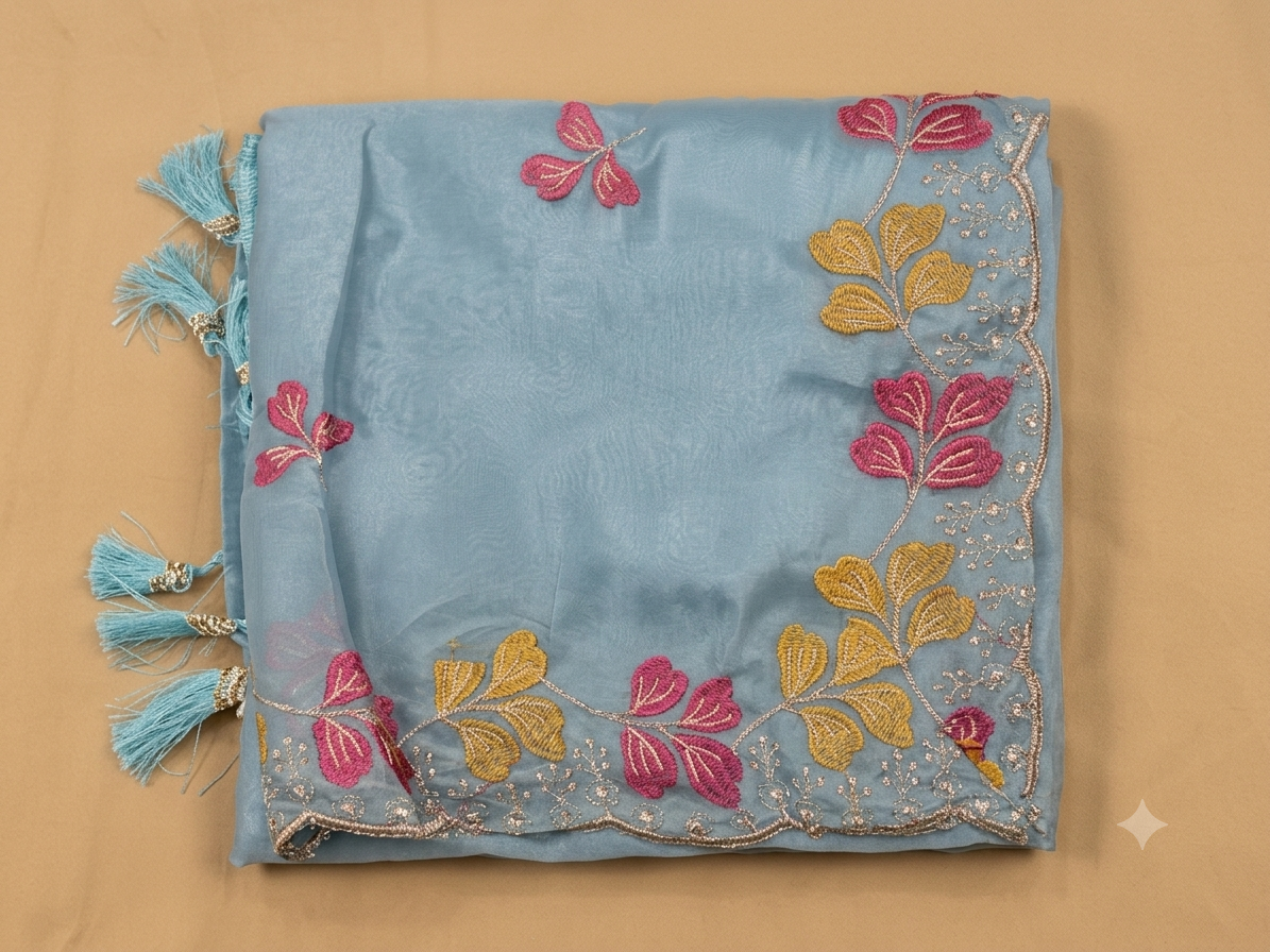 Floral Embroidered Organza Saree with Matching Blouse Piece