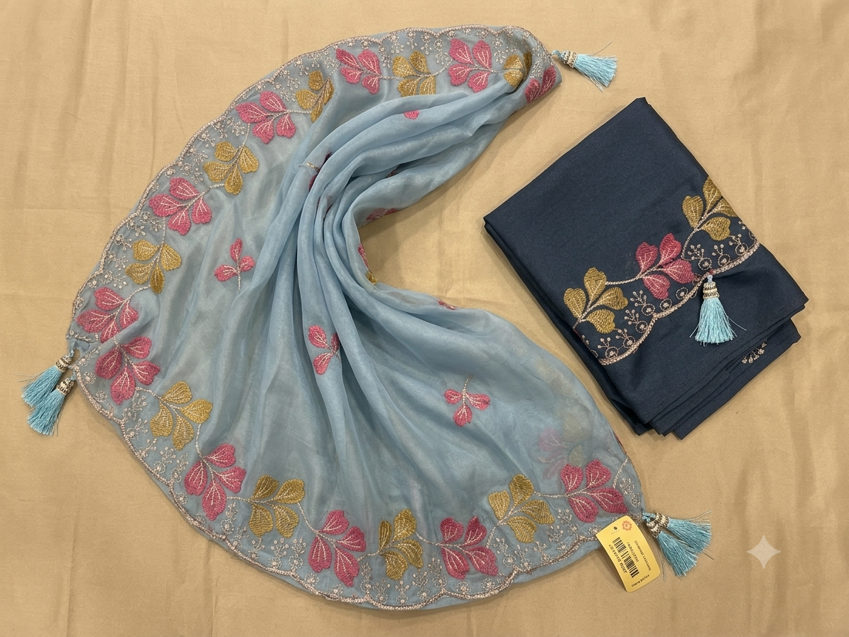 Floral Embroidered Organza Saree with Matching Blouse Piece