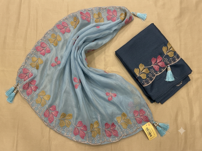 Floral Embroidered Organza Saree with Matching Blouse Piece