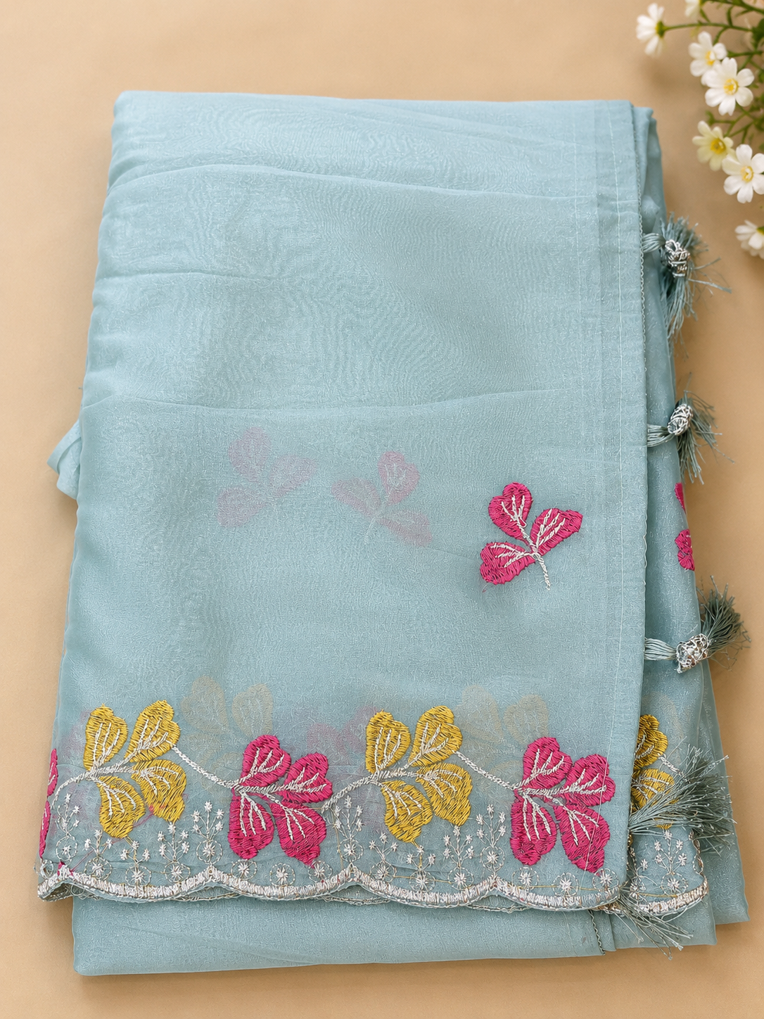 Floral Embroidered Organza Saree with Matching Blouse Piece