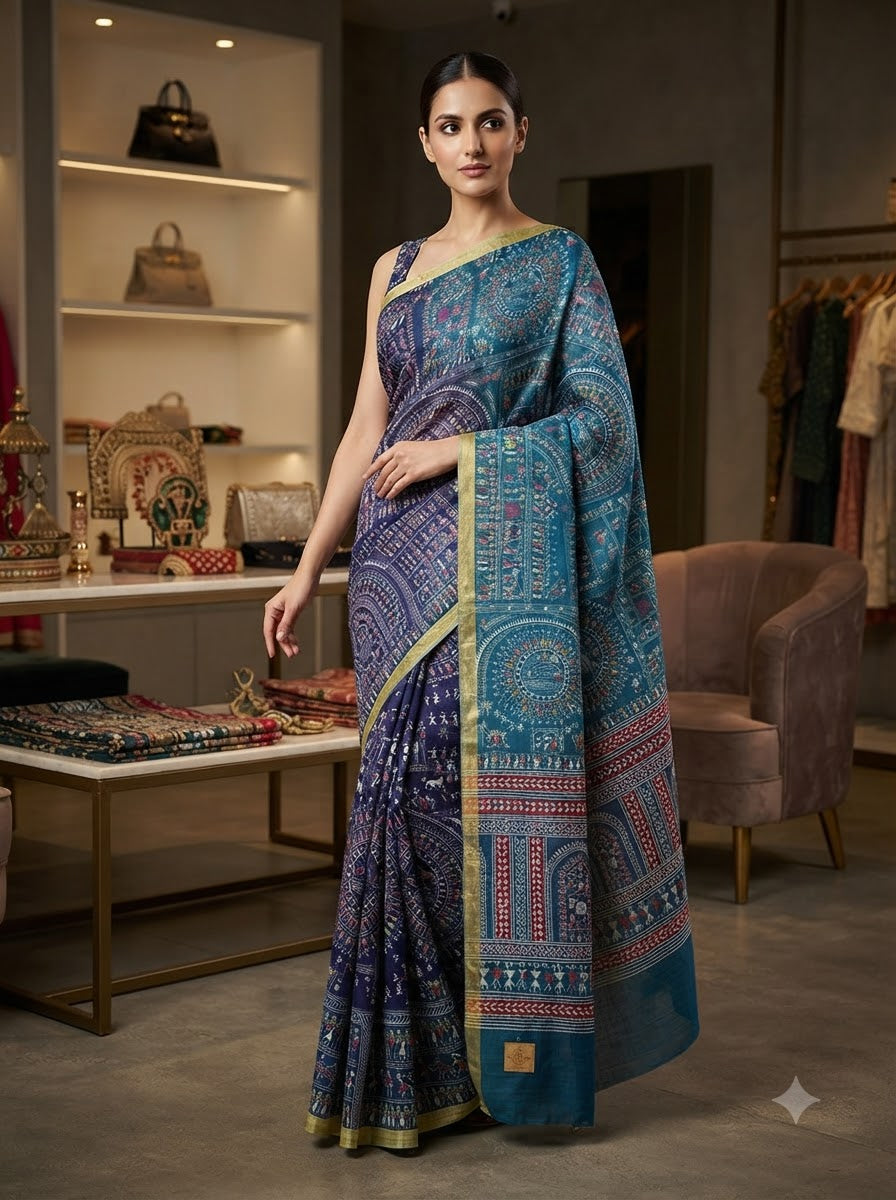 Traditional Printed Cotton Saree with Artistic Motif Design