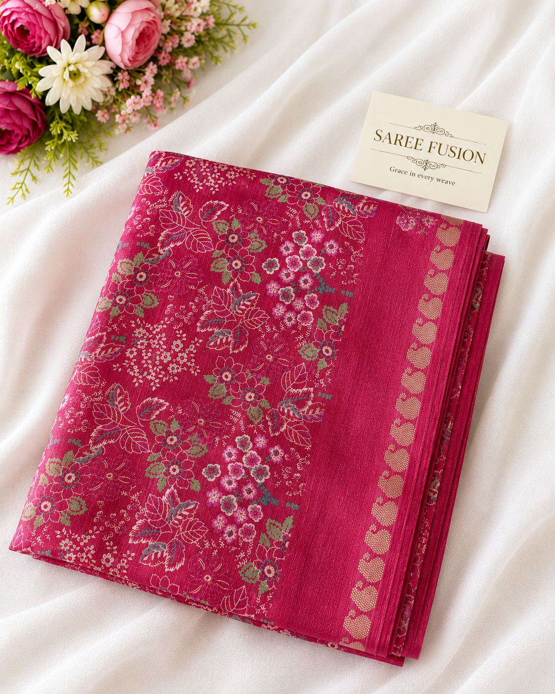 Premium Chinon Floral Print Saree with Elegant Woven Border