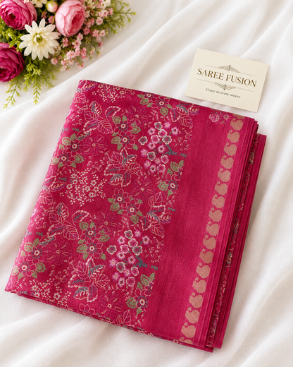 Premium Chinon Floral Print Saree with Elegant Woven Border