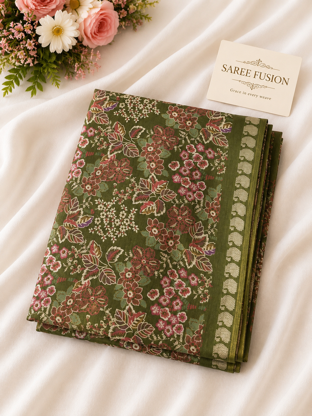Premium Chinon Floral Print Saree with Elegant Woven Border