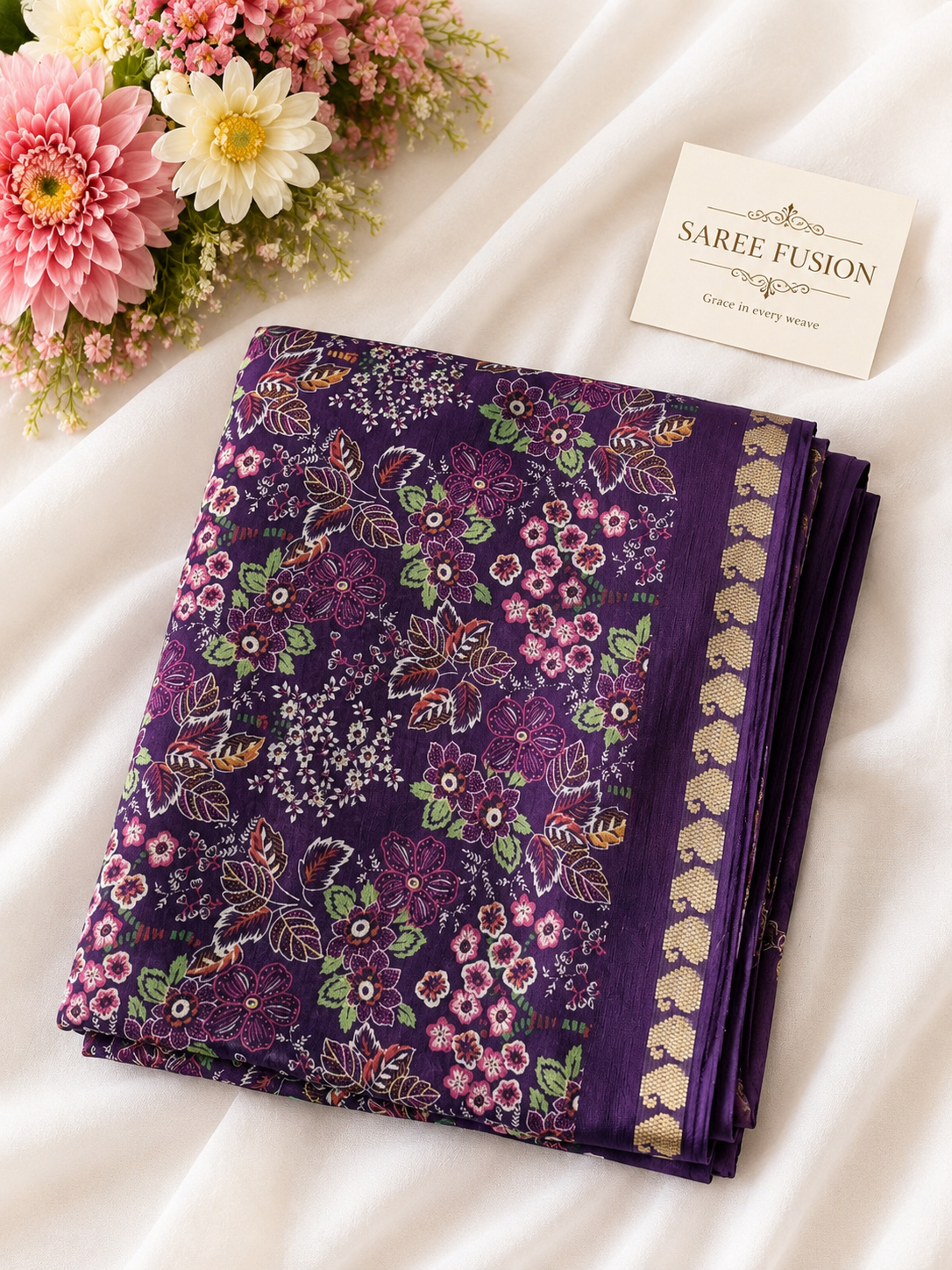 Premium Chinon Floral Print Saree with Elegant Woven Border