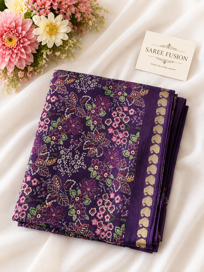 Premium Chinon Floral Print Saree with Elegant Woven Border