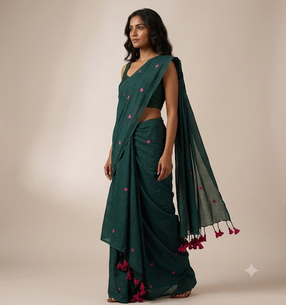 Khadi Cotton Saree with Butas and Tassels | Handloom Cotton Saree
