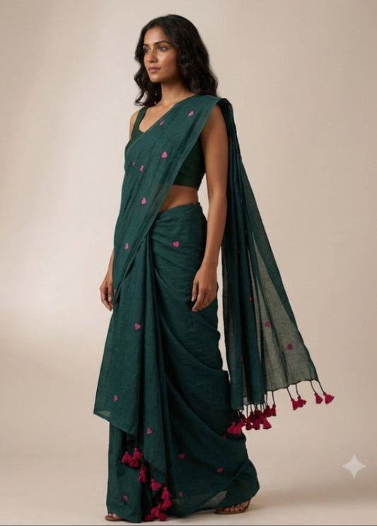 Khadi Cotton Saree with Butas and Tassels | Handloom Cotton Saree