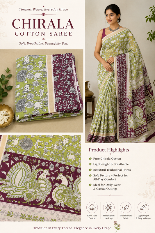 Chirala Cotton Green & Wine Kalamkari Inspired Printed Cotton Saree