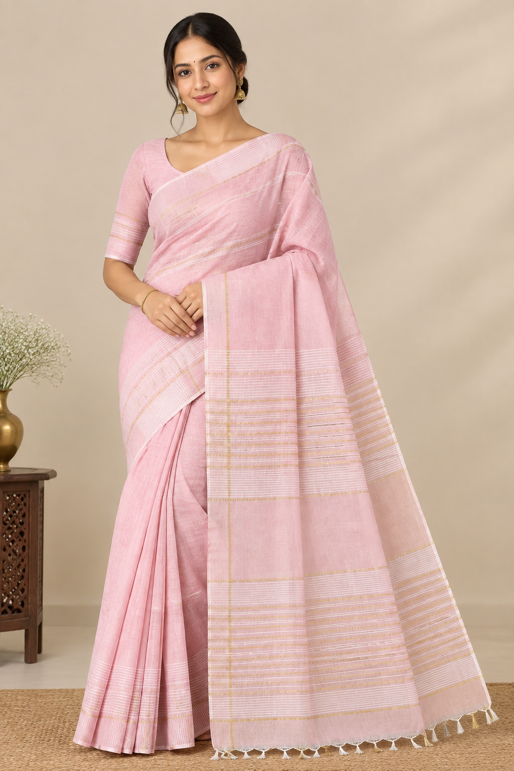 Pure Cotton Saree with Striped Border and Woven Design