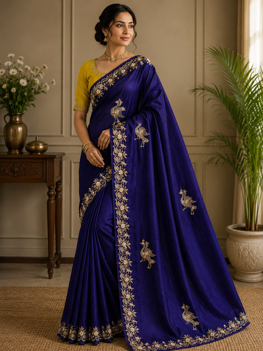 Pearl Work Bird Motifs Saree with Yellow Blouse Floral Border