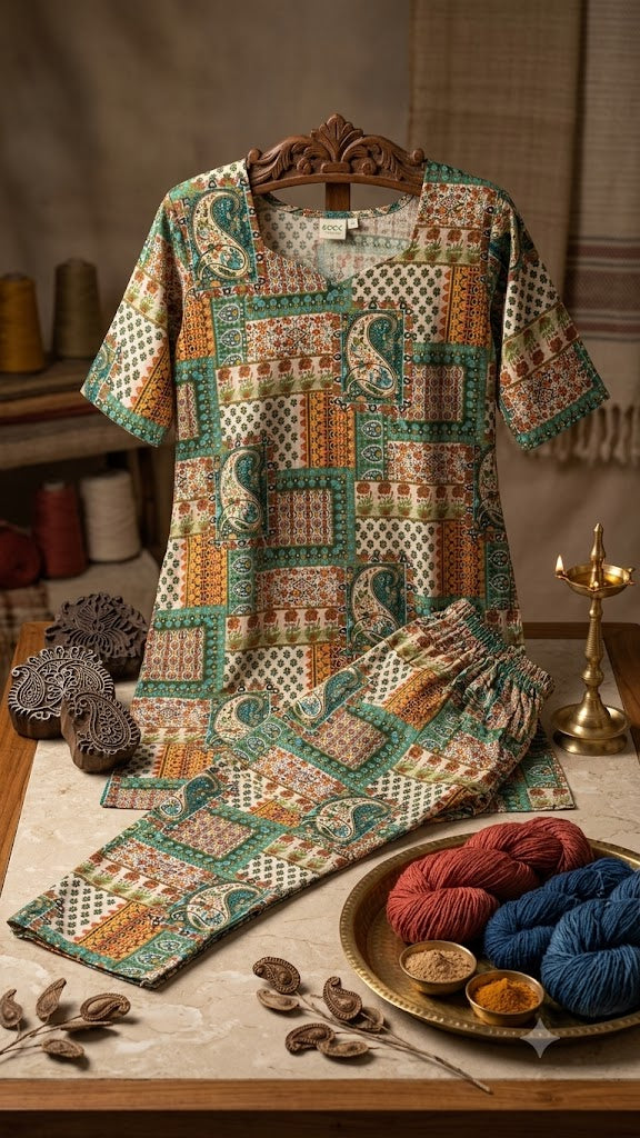 Kalamkari Print Cotton Co-Ord Set | V-Neck Kurta & Pants