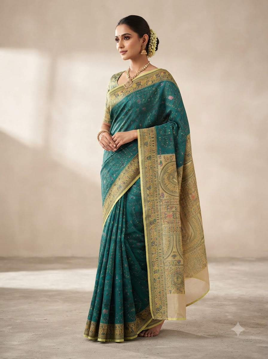Traditional Printed Cotton Saree with Artistic Motif Design