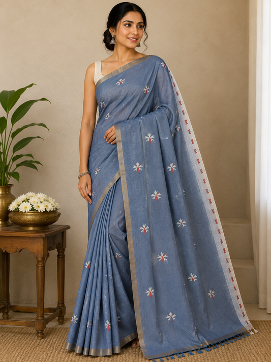 Linen Butti Saree with Contrast Border