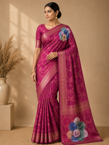 Banarasi Silk Blend Saree with Woven Zari Border & Floral Pallu