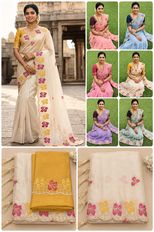 Floral Embroidered Organza Saree with Matching Blouse Piece