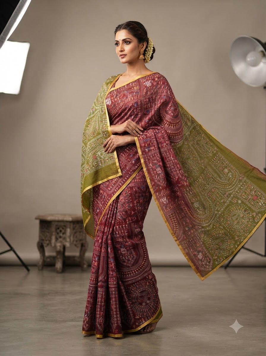 Traditional Printed Cotton Saree with Artistic Motif Design
