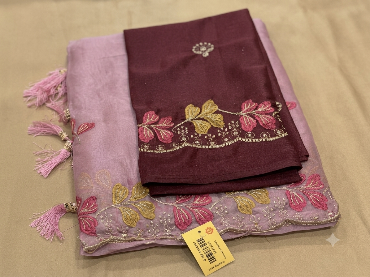 Floral Embroidered Organza Saree with Matching Blouse Piece