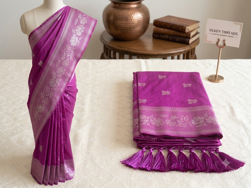 Woven Silk Saree with Elegant Zari Border & Floral Motifs