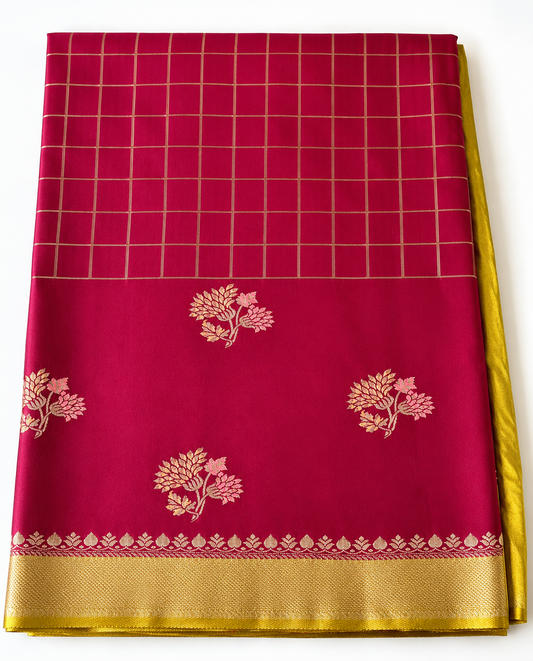 Pink Jamdani Silk Cotton Saree with Golden Zari Checks