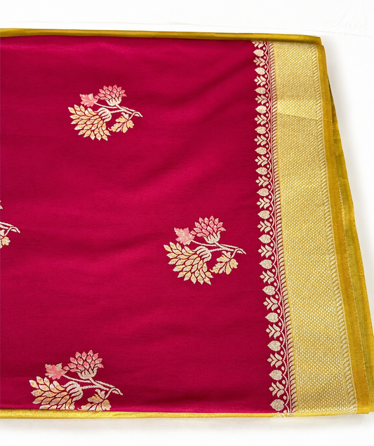 Pink Jamdani Silk Cotton Saree with Golden Zari Checks
