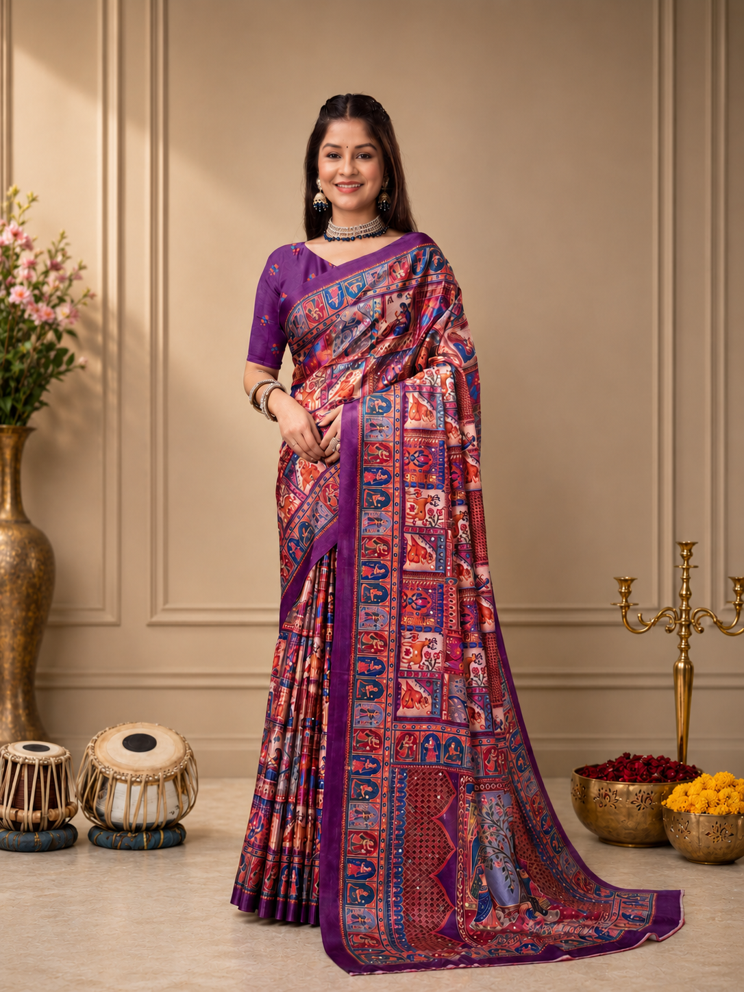 Royal Ajrakh Print Crepe Saree with Traditional Ethnic Border