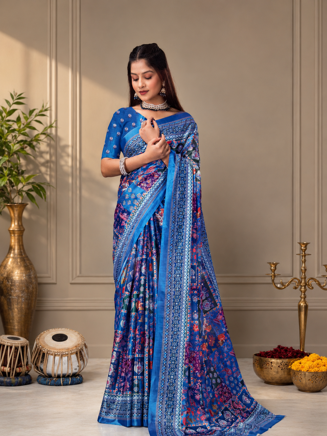 Royal Ajrakh Print Crepe Saree with Traditional Ethnic Border