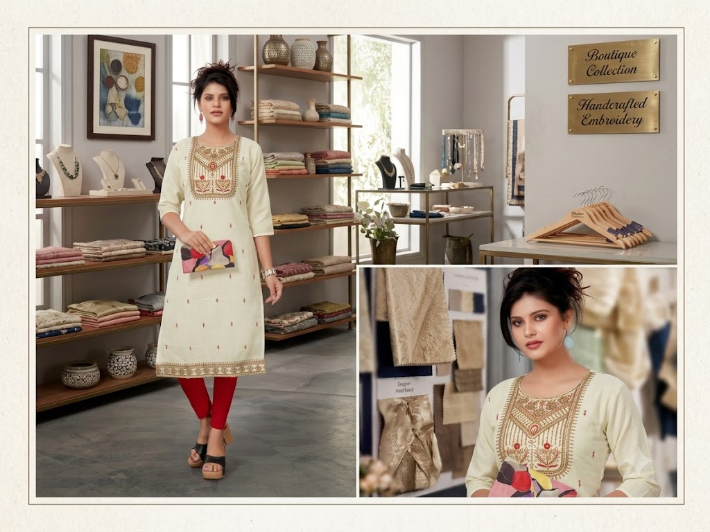 Women's Off-White Embroidered Straight Silk Blend Kurti